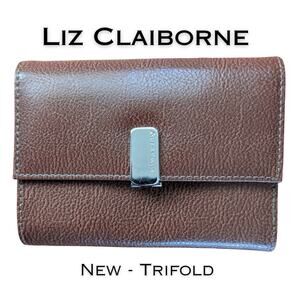 Liz Claiborne Trifold Organizer Wallet Cognac Brown Pebbled Faux Leather NEW